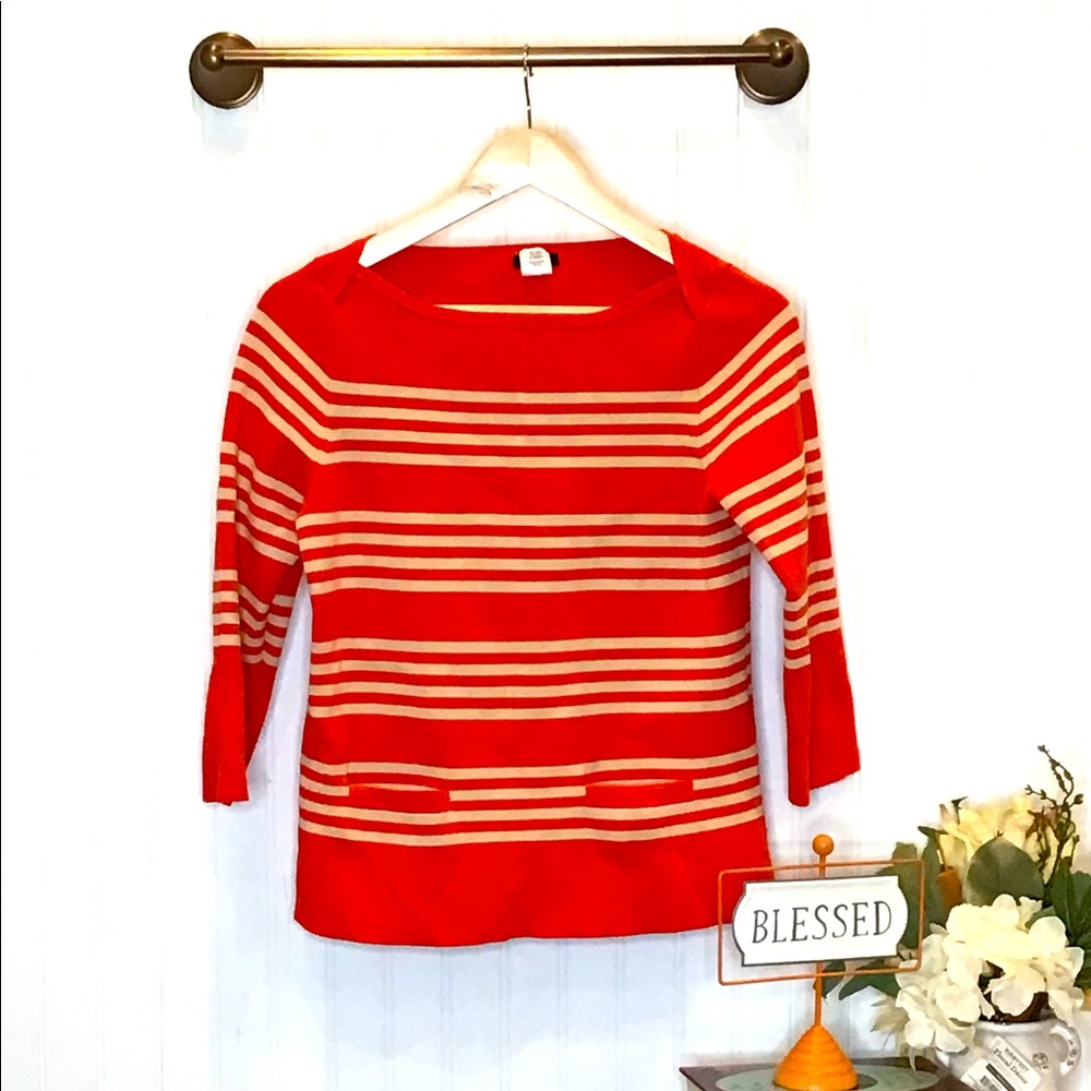 J. Crew Orange Cream Striped Sweater 3/4 Sleeve Size Small